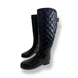 Hunter Refined Gloss Quilt Tall Rain Boots Black Women's Quilted Waterproof Sz 8